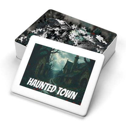 Haunted Town Jigsaw Puzzle, Spooky Village Halloween Puzzle with Tin, Dark Art Puzzle, 500-2000 Piece Gift