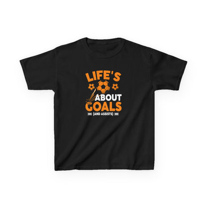 Life's About Goals Kids T-Shirt | Soccer Graphic Tee | Fun Teamwork Shirt for Boys & Girls | Cotton Youth Sports Top, FIFA World Cup 2026