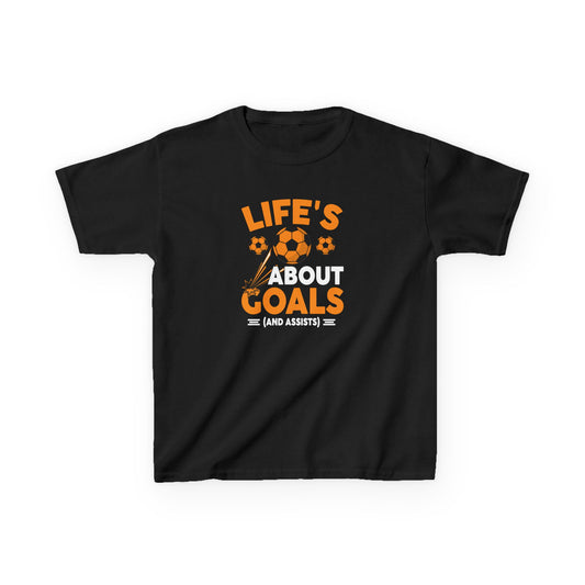 Life's About Goals Kids T-Shirt | Soccer Graphic Tee | Fun Teamwork Shirt for Boys & Girls | Cotton Youth Sports Top, FIFA World Cup 2026