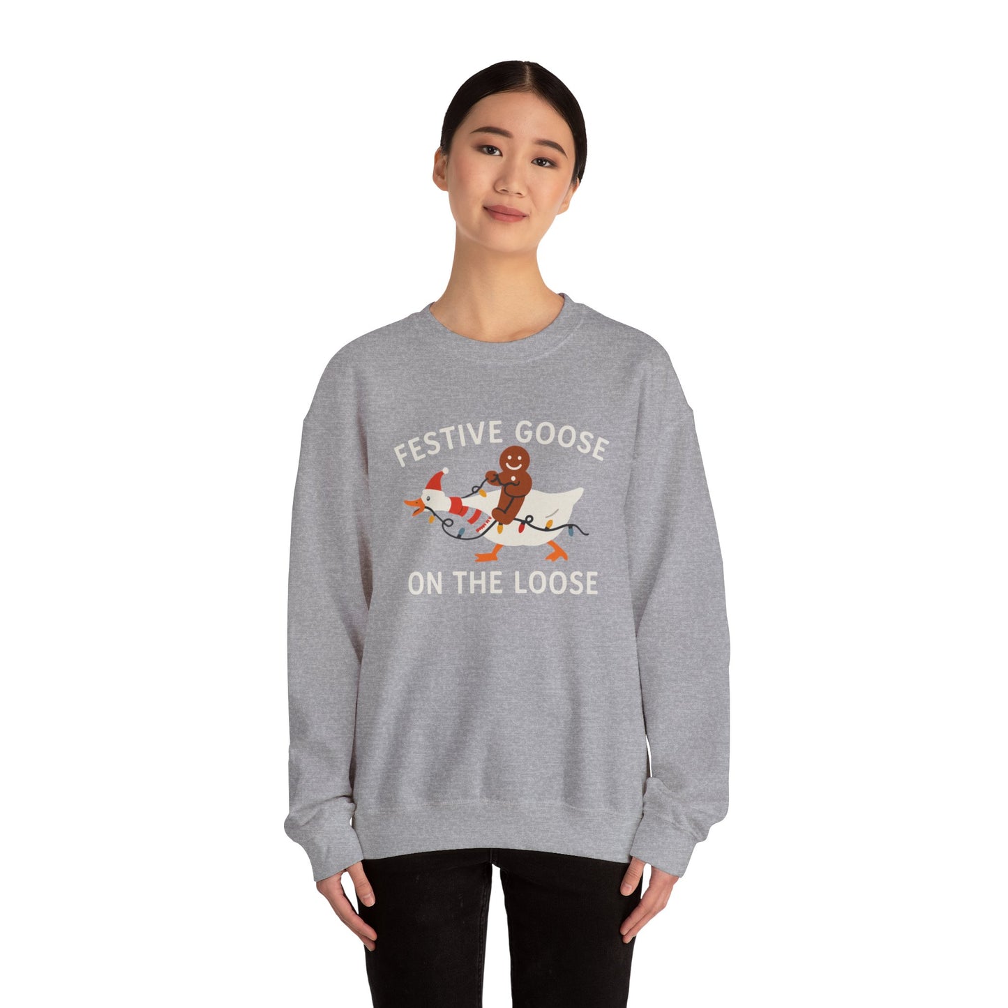 Festive Goose on the Loose Sweatshirt, Funny Christmas Gingerbread Crewneck, Holiday Lights Shirt, Cozy Winter Gift for Her and Him