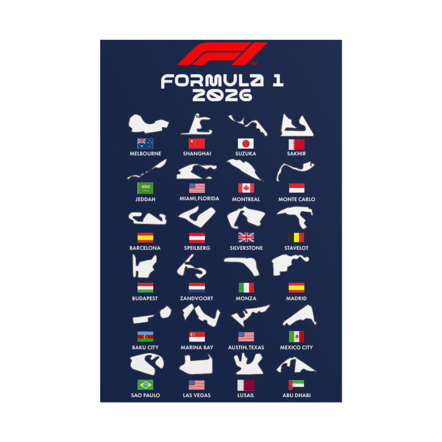 Formula 1 2026 Track Silhouettes Poster, F1 Circuits Map Wall Art, Grand Prix Calendar Print, Motorsport Racing Decor, Rolled Poster