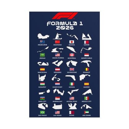 Formula 1 2026 Track Silhouettes Poster, F1 Circuits Map Wall Art, Grand Prix Calendar Print, Motorsport Racing Decor, Rolled Poster