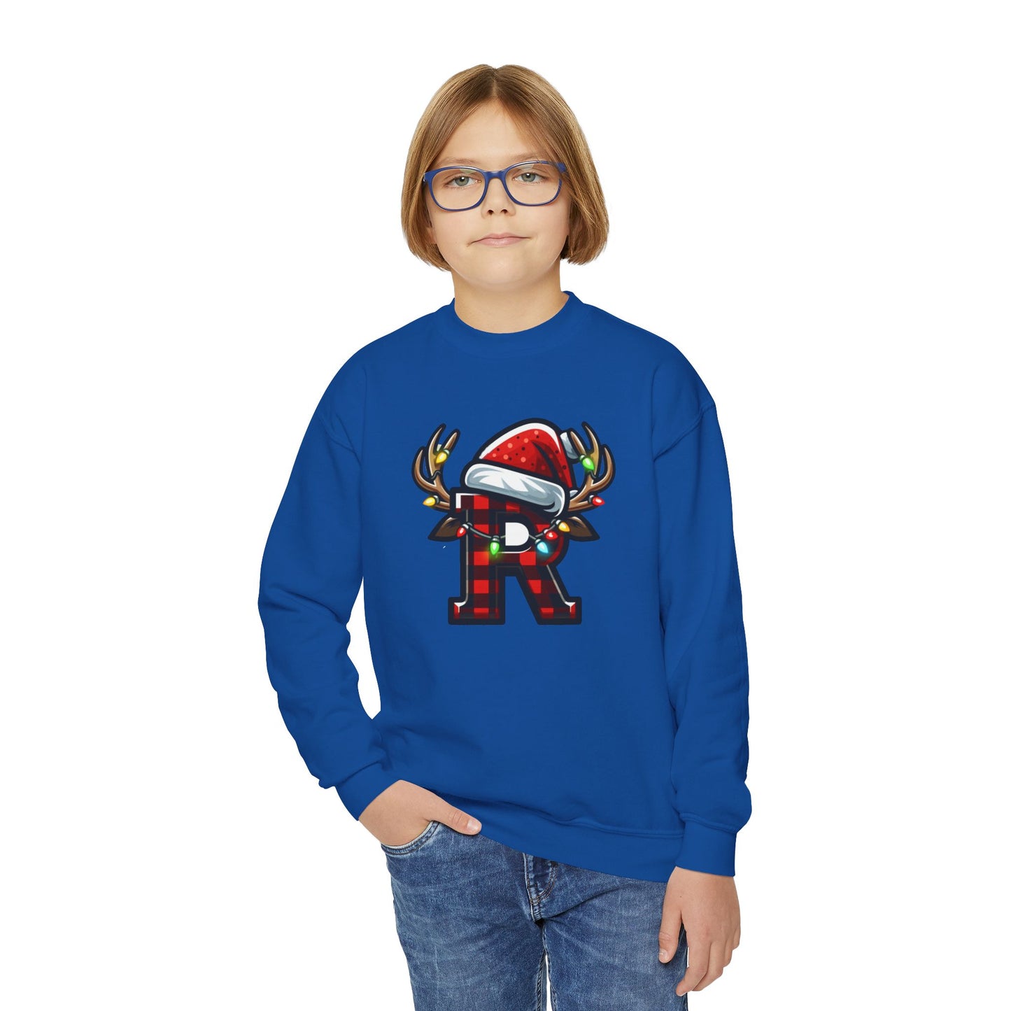 Festive Youth Crewneck Sweatshirt with Christmas Reindeer and Santa Hat, Holiday Gift for Kids, Winter Wear, Cozy Sweater, Christmas Apparel