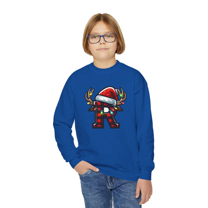 Festive Youth Crewneck Sweatshirt with Christmas Reindeer and Santa Hat, Holiday Gift for Kids, Winter Wear, Cozy Sweater, Christmas Apparel