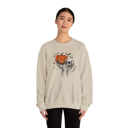 Stay Creepy Crewneck Sweatshirt, Halloween Sweater, Cozy Fall Apparel, Spooky Gift, Pumpkin Skull Design, Halloween Celebration