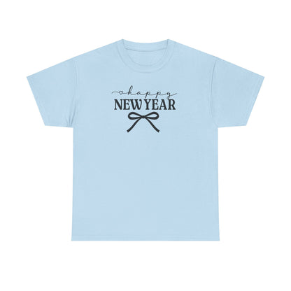 Happy New Year Bow T-Shirt, Minimalist New Year Typography Tee, Holiday Graphic Shirt, New Year's Eve Outfit, Casual Festive Top