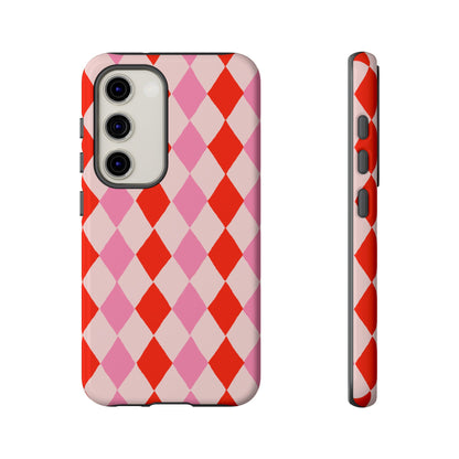 Tough Cases with Red Pink Diamonds, Retro Checkerboard iPhone Case And Samsung Case, Slim Fit Phone Case, Stylish Gift