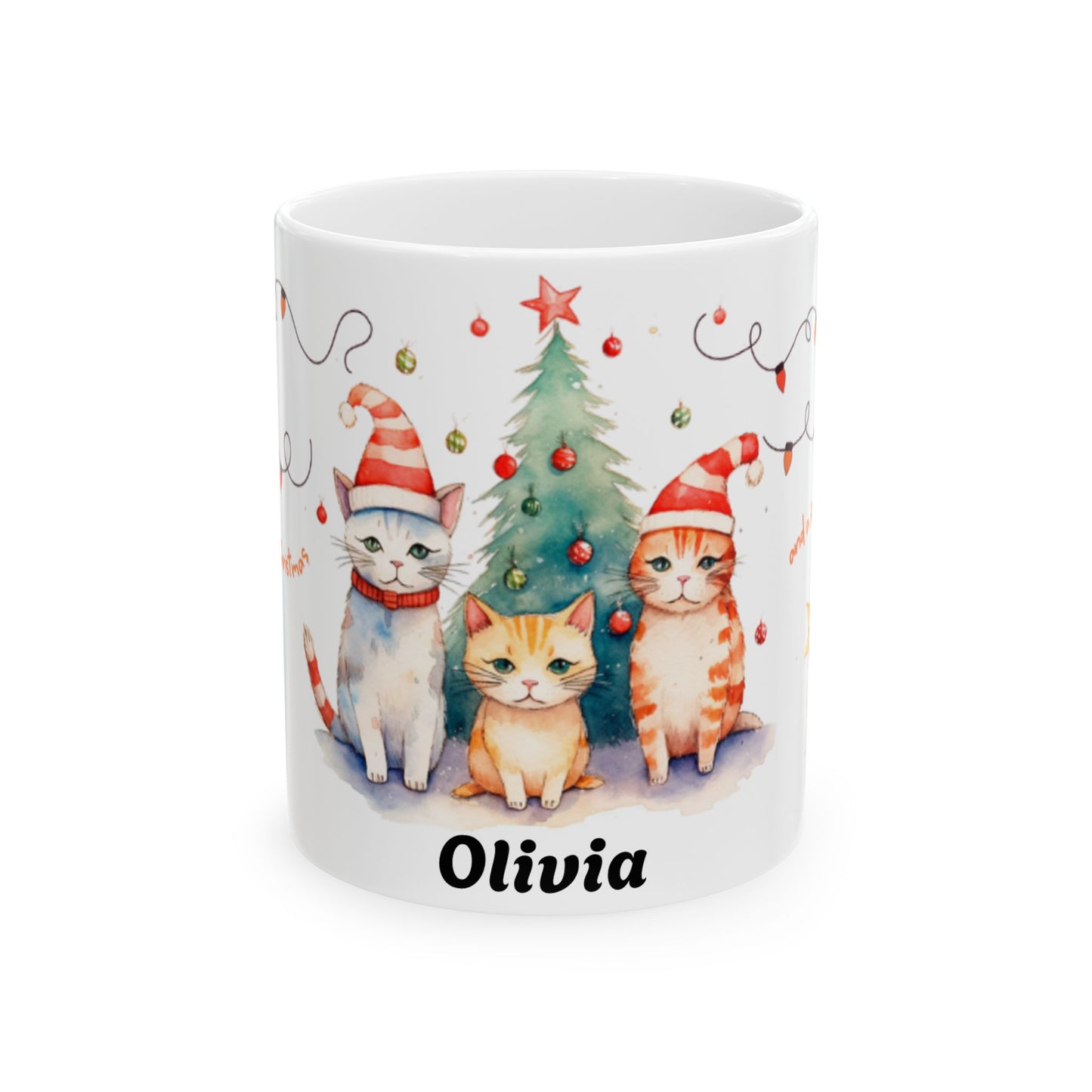 Personalized Christmas Cat Ceramic Mug, Custom Pet Lover Gift, Holiday Coffee Cup, Cute Feline Decor, Family Gift, Winter Celebration