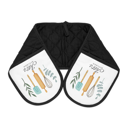 Personalized Oven Mitts or Pot Holder Set, Double Handle Kitchen Utensils Design, Custom Gift for Mom, Grandma, Housewarming