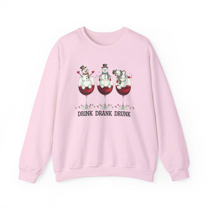 Drink Drank Drunk Christmas Sweatshirt | Funny Wine Lover Holiday Sweater | Snowman Drinking Crewneck | Christmas Gift