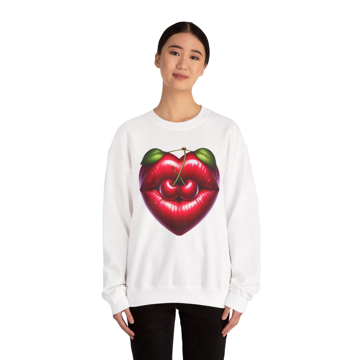 Heart Cherry Lips Sweatshirt, Cherry Face Graphic Crewneck, Cute Aesthetic Sweatshirt, Retro Pop Art Pullover, Unisex Cozy Top