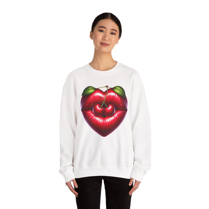 Heart Cherry Lips Sweatshirt, Cherry Face Graphic Crewneck, Cute Aesthetic Sweatshirt, Retro Pop Art Pullover, Unisex Cozy Top
