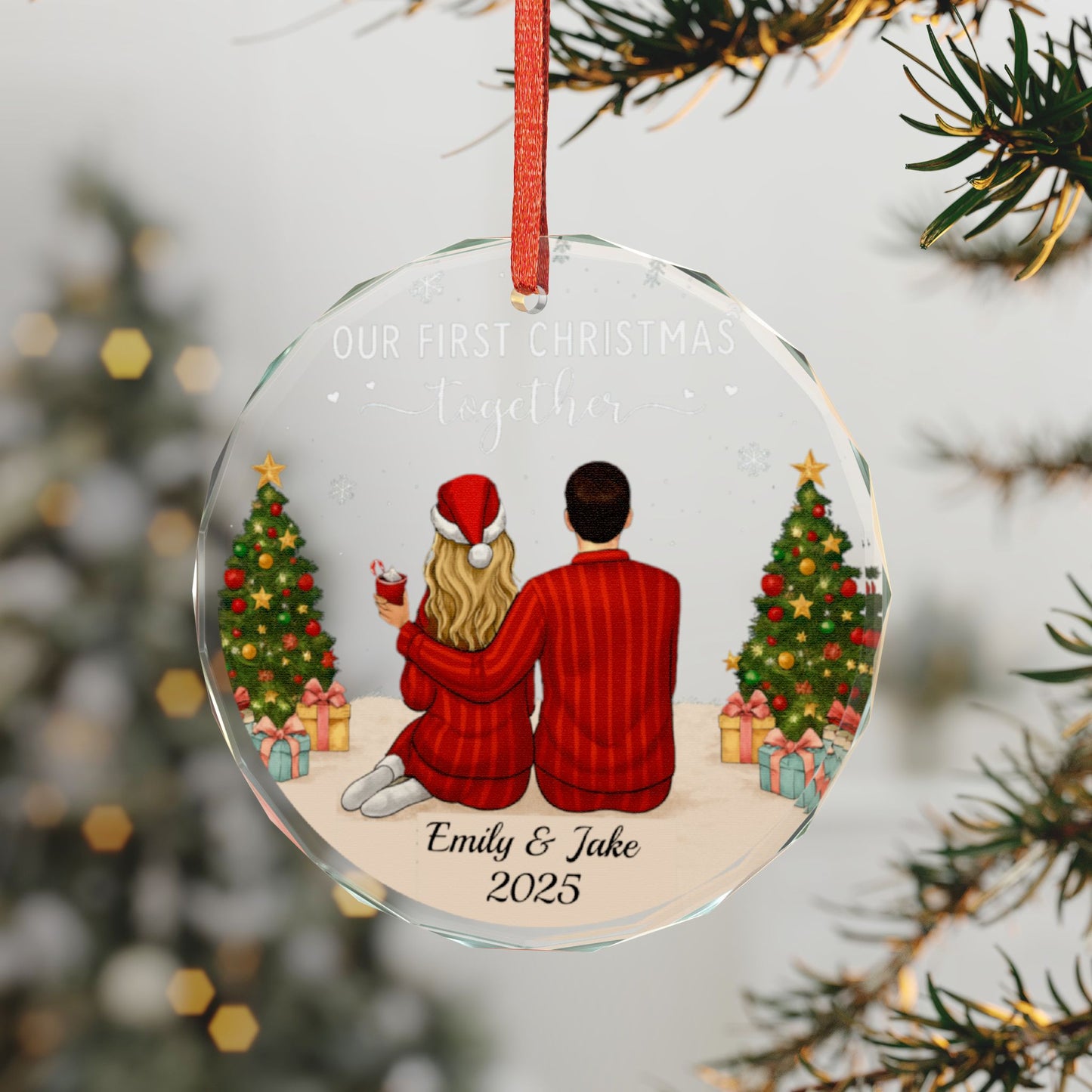 Personalized Couple Christmas Ornament 2025 | Custom Names Crystal Glass Keepsake | First Christmas Together Gift | Romantic Holiday Decor