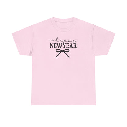 Happy New Year Bow T-Shirt, Minimalist New Year Typography Tee, Holiday Graphic Shirt, New Year's Eve Outfit, Casual Festive Top