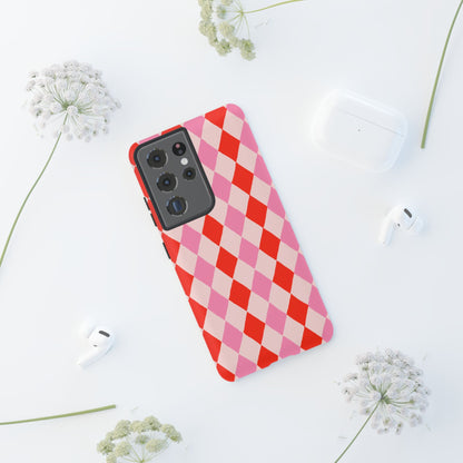 Tough Cases with Red Pink Diamonds, Retro Checkerboard iPhone Case And Samsung Case, Slim Fit Phone Case, Stylish Gift