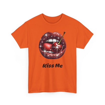 Glitter Lips Cherry Kiss Me Tee, Retro Pinup Graphic Shirt, Flirty Pop Art T-Shirt, Vintage Style Cotton Tee