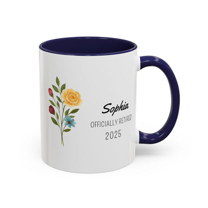 Personalized Retirement Coffee Mug, Floral Design, Gift for Retirees, Custom Name Mug, Celebration Drinkware, Retirement Day Gift