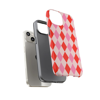 Tough Cases with Red Pink Diamonds, Retro Checkerboard iPhone Case And Samsung Case, Slim Fit Phone Case, Stylish Gift