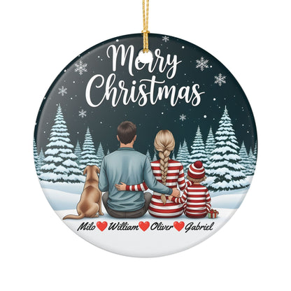 Personalized Merry Christmas Family Ornament, Custom Names, Snowy Winter Scene, Ceramic Keepsake