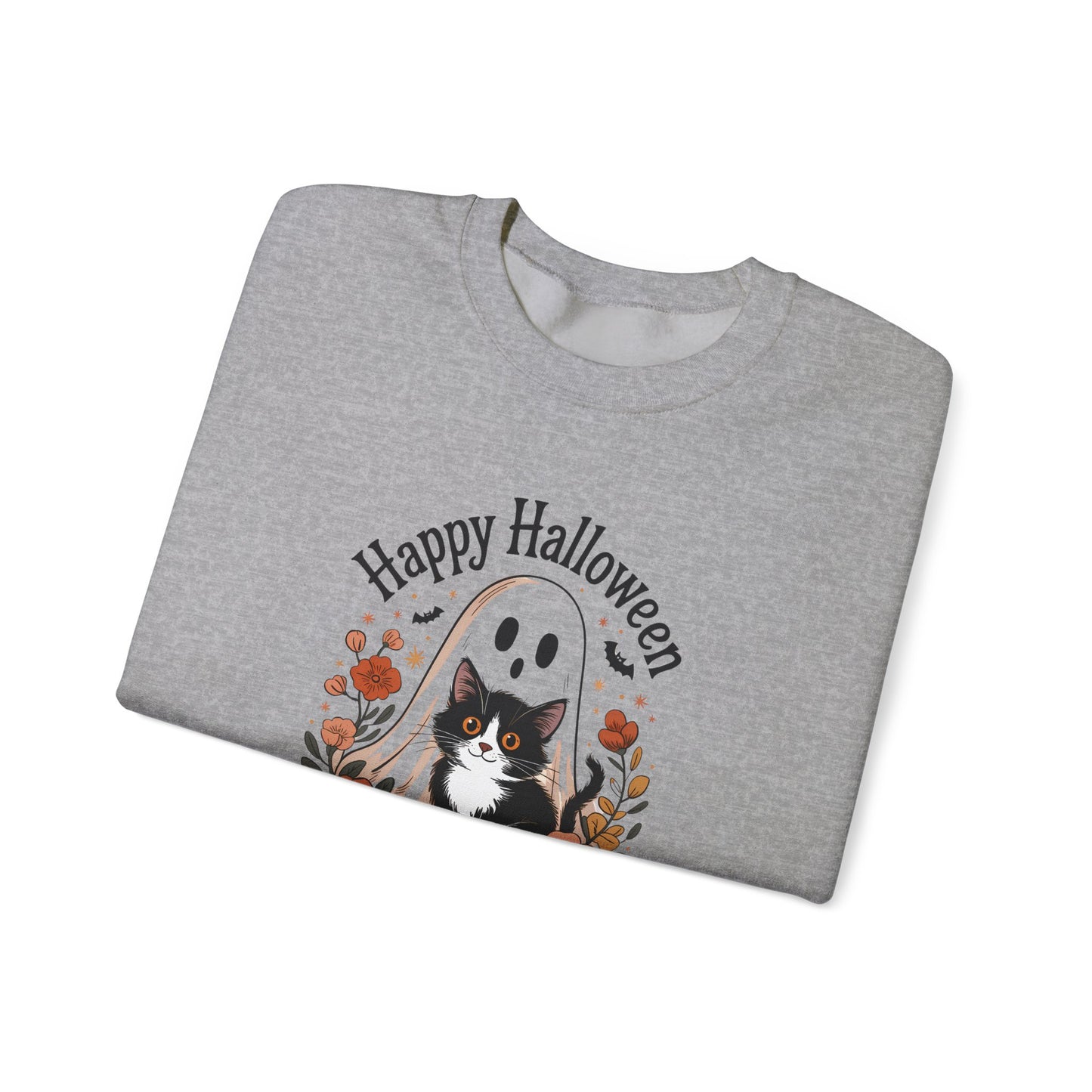 Happy Halloween Cat Crewneck Sweatshirt, Cozy Fall Sweatshirt, Halloween Gift, Fall Fashion, Gift for Her, Spooky Season Apparel