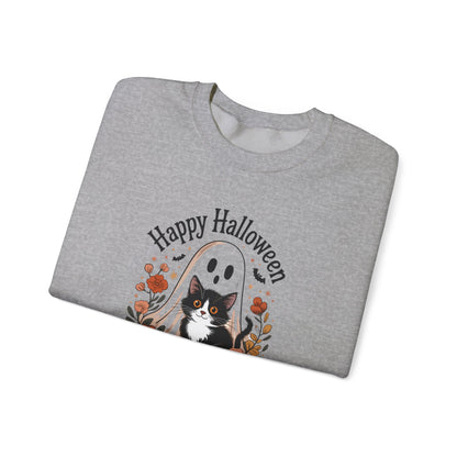 Happy Halloween Cat Crewneck Sweatshirt, Cozy Fall Sweatshirt, Halloween Gift, Fall Fashion, Gift for Her, Spooky Season Apparel