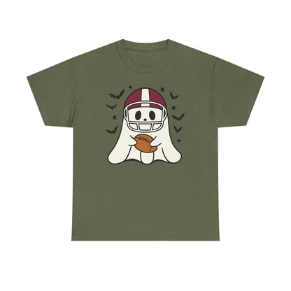 Halloween Ghost Football Tee, Unisex Heavy Cotton T-Shirt, Fun Halloween Apparel, Spooky Game Day Shirt, October Celebration Wear