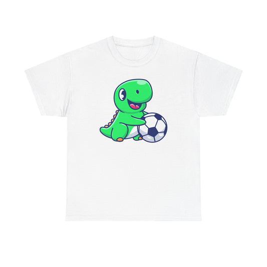 Cute Green Dino Soccer T-Shirt for Kids, Dinosaur Playing Soccer Tee, Fun Cartoon Sports Shirt for Boys and Girls, Football Lover Shirt
