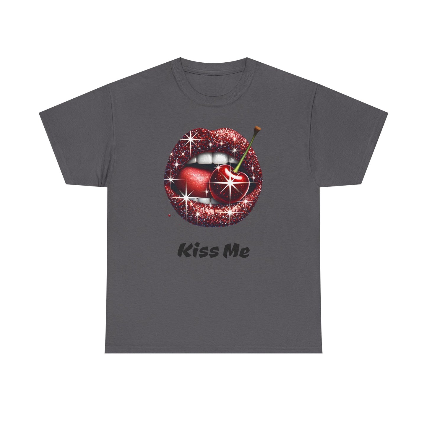Glitter Lips Cherry Kiss Me Tee, Retro Pinup Graphic Shirt, Flirty Pop Art T-Shirt, Vintage Style Cotton Tee