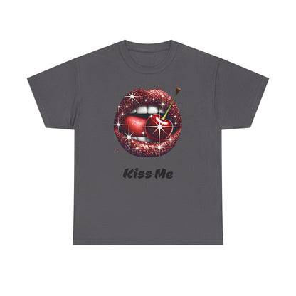 Glitter Lips Cherry Kiss Me Tee, Retro Pinup Graphic Shirt, Flirty Pop Art T-Shirt, Vintage Style Cotton Tee
