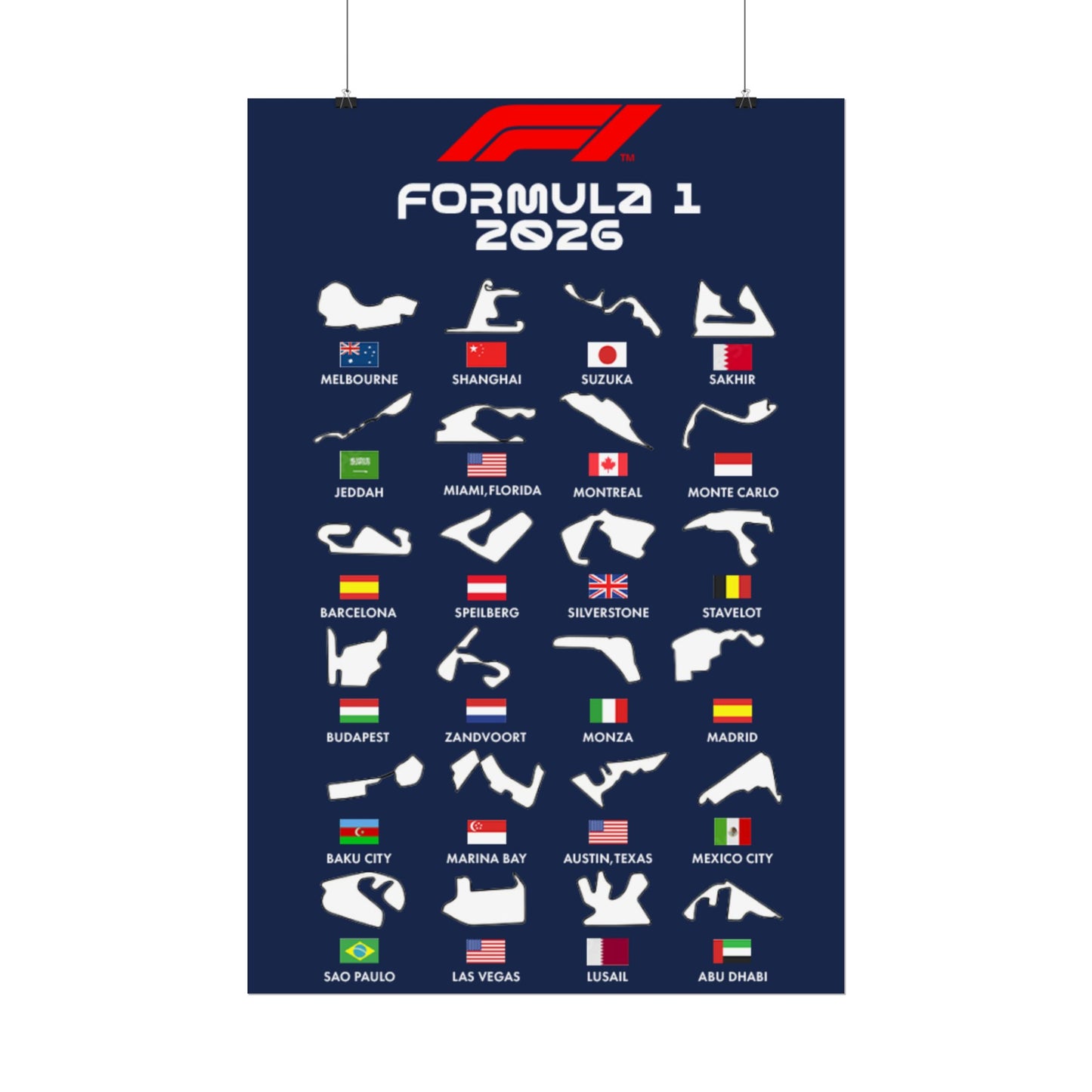 Formula 1 2026 Track Silhouettes Poster, F1 Circuits Map Wall Art, Grand Prix Calendar Print, Motorsport Racing Decor, Rolled Poster