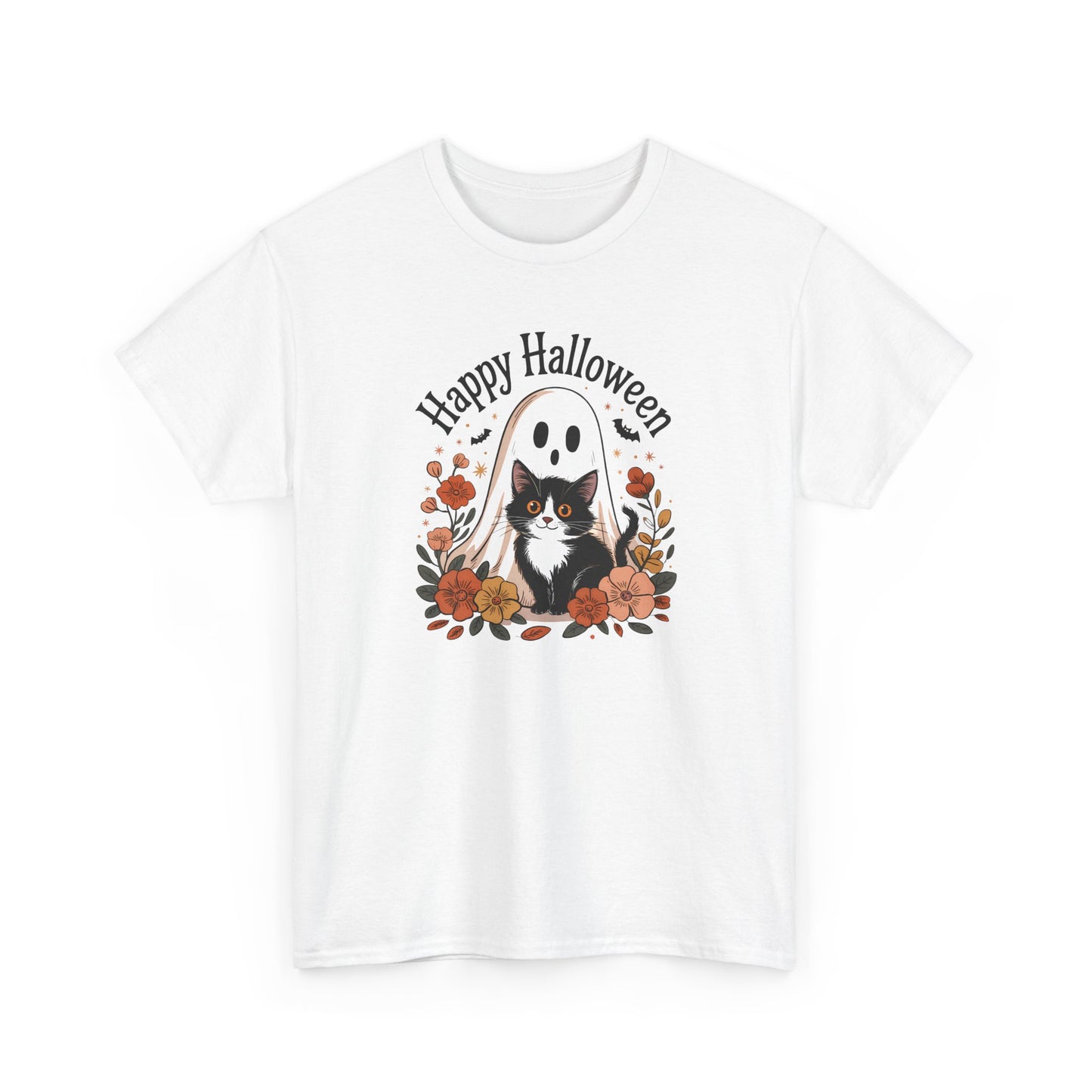 Halloween Cat & Ghost Tee, Heavy Cotton Shirt, Spooky Season Apparel, Autumn Gift, Fall Festival Outfit, Haunted House Wear