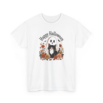 Halloween Cat & Ghost Tee, Heavy Cotton Shirt, Spooky Season Apparel, Autumn Gift, Fall Festival Outfit, Haunted House Wear
