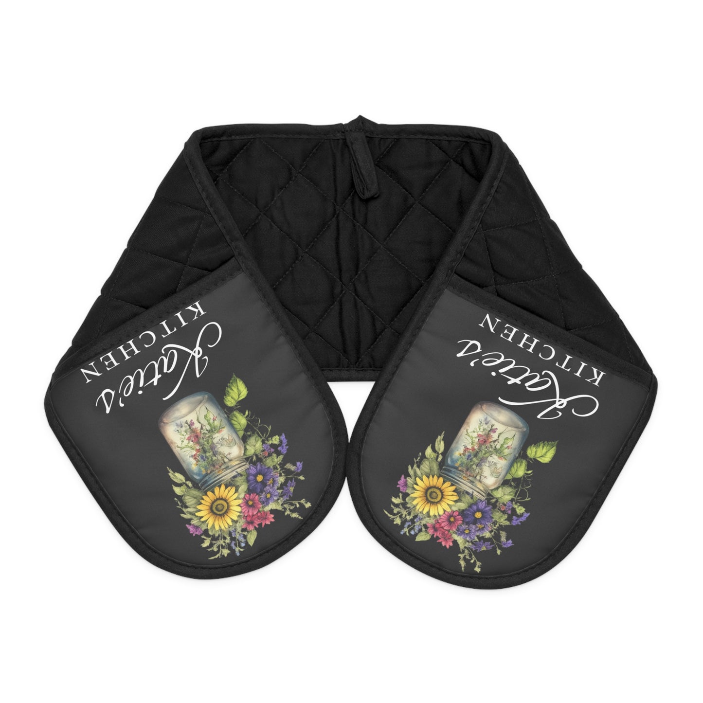 Personalized Sunflower Oven Mitts, Floral Farmhouse Double Pot Holder, Mason Jar Kitchen Heat Resistant Mitt