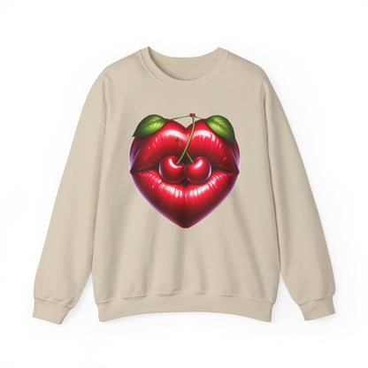 Heart Cherry Lips Sweatshirt, Cherry Face Graphic Crewneck, Cute Aesthetic Sweatshirt, Retro Pop Art Pullover, Unisex Cozy Top
