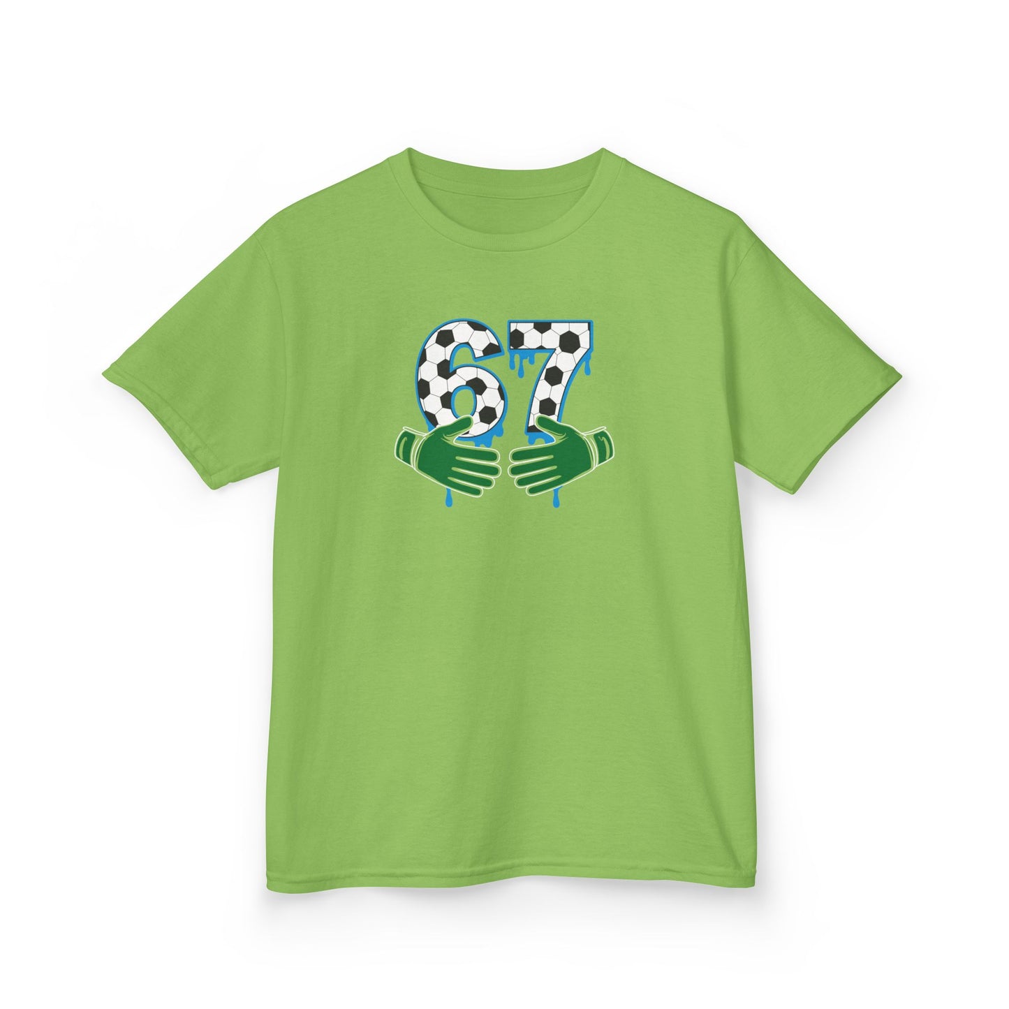 67 Number Design Kids T-Shirt, Green Hands Graphic Tee, Patterned Number Shirt for Boys Girls, Playful Kids Cotton Top, Soccer Lover Shirt