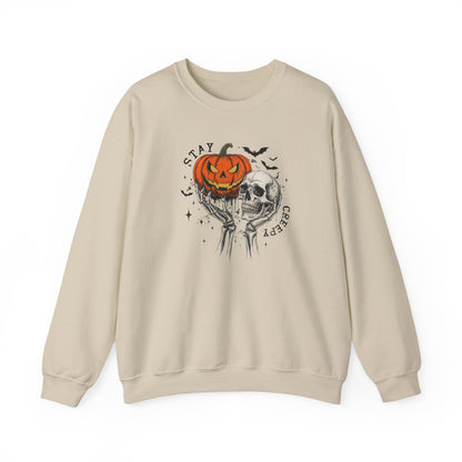 Stay Creepy Crewneck Sweatshirt, Halloween Sweater, Cozy Fall Apparel, Spooky Gift, Pumpkin Skull Design, Halloween Celebration
