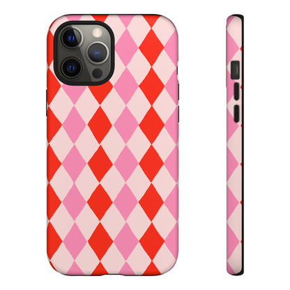 Tough Cases with Red Pink Diamonds, Retro Checkerboard iPhone Case And Samsung Case, Slim Fit Phone Case, Stylish Gift