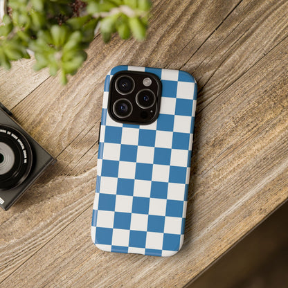Checkered Phone Case, iPhone 17 Pro, 17, 16, 15, 14, 13, 12, 11, X, XR, XS MAX, Smartphone Cover, Blue and White Mobile Protector
