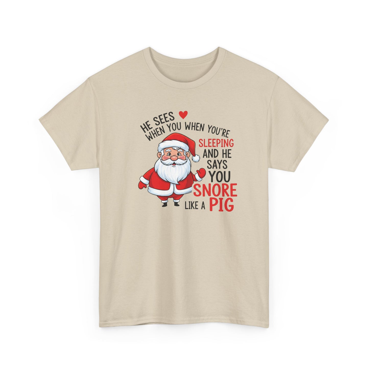 Funny Santa Christmas Shirt He Sees When You are Sleeping, and He Says You Snore Like a Pig | Holiday Humor Tee | Gift for Him or Her