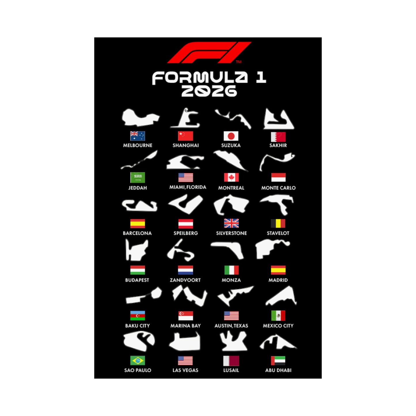 Formula 1 2026 Track Map Poster, F1 Circuits Silhouette Wall Art, Motorsport Racing Print, Racing Fan Gift, Garage Decor