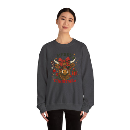 Merry Christmas Highland Cow Sweatshirt, Cow Christmas Crewneck, Funny Holiday Farm Shirt, Western Christmas Sweater, Cozy Xmas Gift for Her
