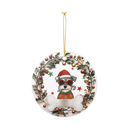 Christmas Dog Wreath Ornament, Cute Dog Ceramic Christmas Decoration, Pet Lover Holiday Ornament, Santa Hat Pup Tree Decor