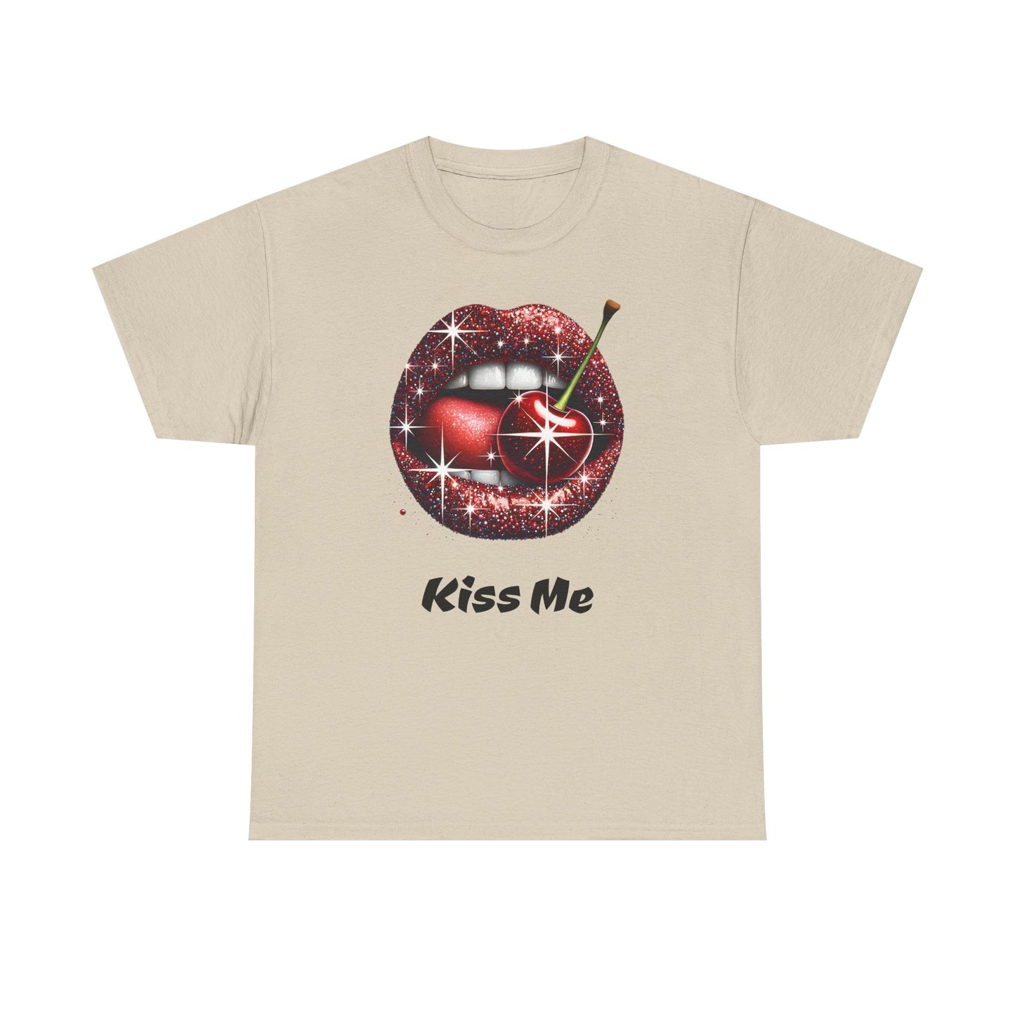 Glitter Lips Cherry Kiss Me Tee, Retro Pinup Graphic Shirt, Flirty Pop Art T-Shirt, Vintage Style Cotton Tee