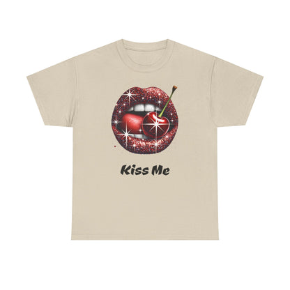 Glitter Lips Cherry Kiss Me Tee, Retro Pinup Graphic Shirt, Flirty Pop Art T-Shirt, Vintage Style Cotton Tee