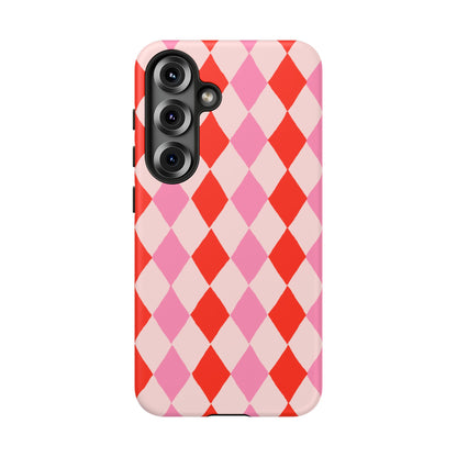 Tough Cases with Red Pink Diamonds, Retro Checkerboard iPhone Case And Samsung Case, Slim Fit Phone Case, Stylish Gift