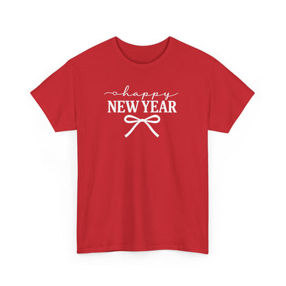 Happy New Year Bow T-Shirt, Minimalist New Year Typography Tee, Holiday Graphic Shirt, New Year's Eve Outfit, Casual Festive Top