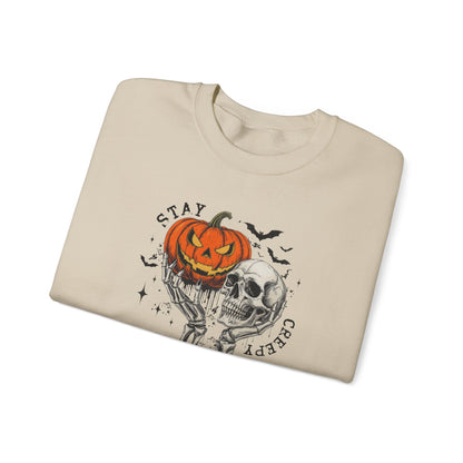 Stay Creepy Crewneck Sweatshirt, Halloween Sweater, Cozy Fall Apparel, Spooky Gift, Pumpkin Skull Design, Halloween Celebration