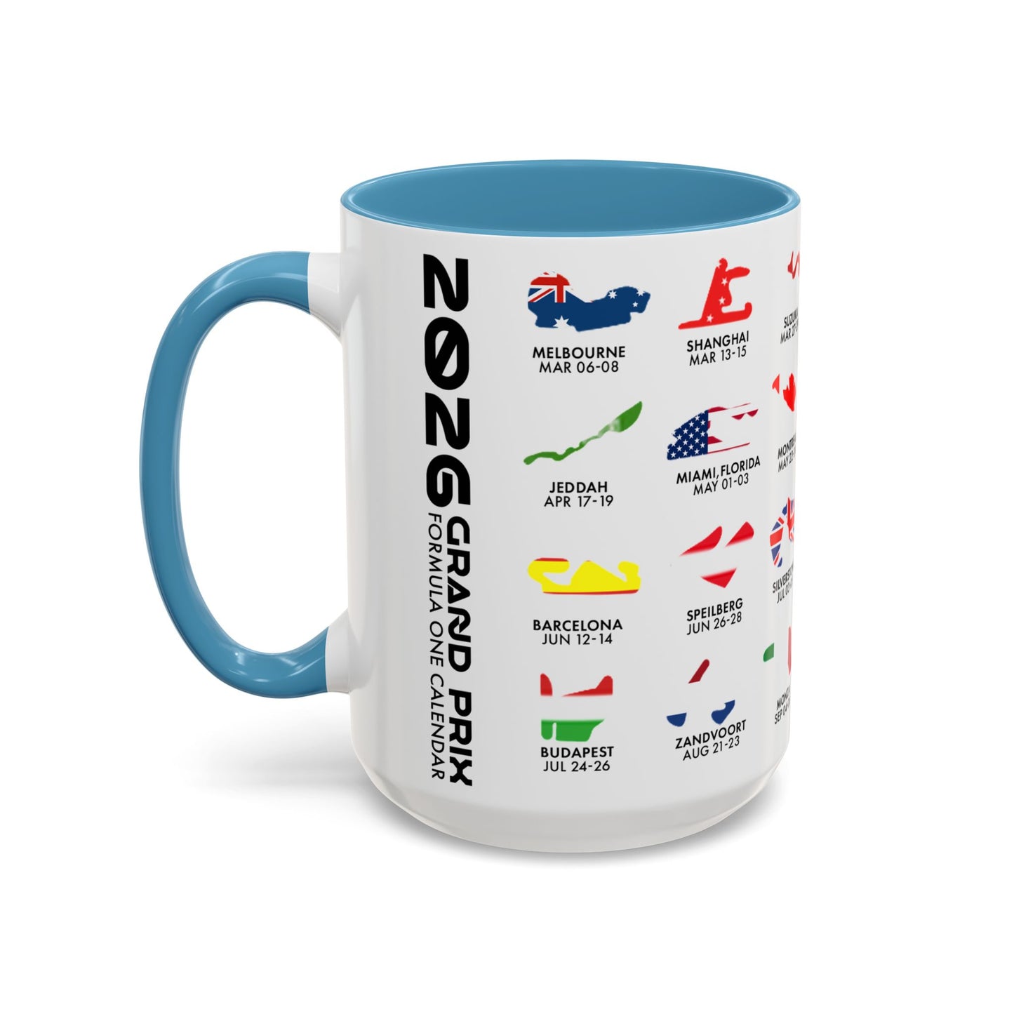 2026 Grand Prix Calendar Mug, Formula 1 Accent Coffee Mug, F1 Circuit Icons Cup, Motorsport Fan Gift, Racing Calendar Ceramic Mug