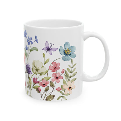 Watercolor Floral Mug Spring Flower Coffee Cup, Botanical Butterfly Mug, Garden Lover Gift, Nature Aesthetic Ceramic Mug Cute Floral Tea Cup