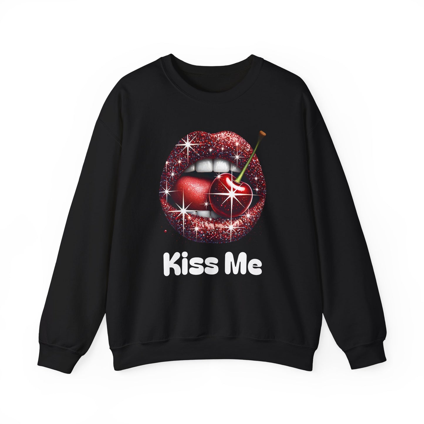 Cherry Kiss Me Sweatshirt, Glitter Lips Cherry Graphic Crewneck, Retro Pop Art Sweatshirt, Cute Flirty Pullover, Unisex Cozy Top